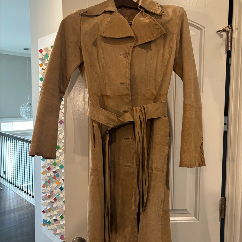 Women’s Tan Suede Trench Coat with Tie Belt
